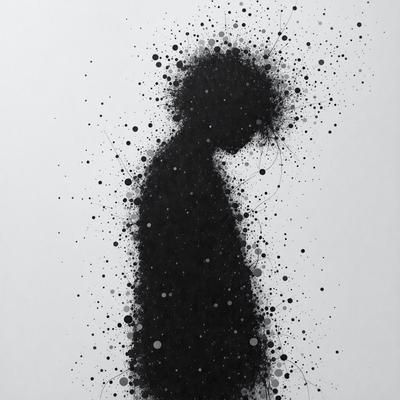 The primary subject of the image is a black silhouette of a person, possibly a woman, with a halo above her head. The setting is a white background, which contrasts with the silhouette. The visual style is a combination of a photo and digital art, creating a unique and artistic representation of the person. The colors and mood of the image are predominantly black and white, with a hint of a halo, which adds a sense of spirituality and grace to the silhouette.